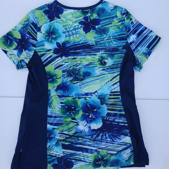 Koi Women's Size S Blue Green Flower V-Neck Shirt - Picture 6 of 7